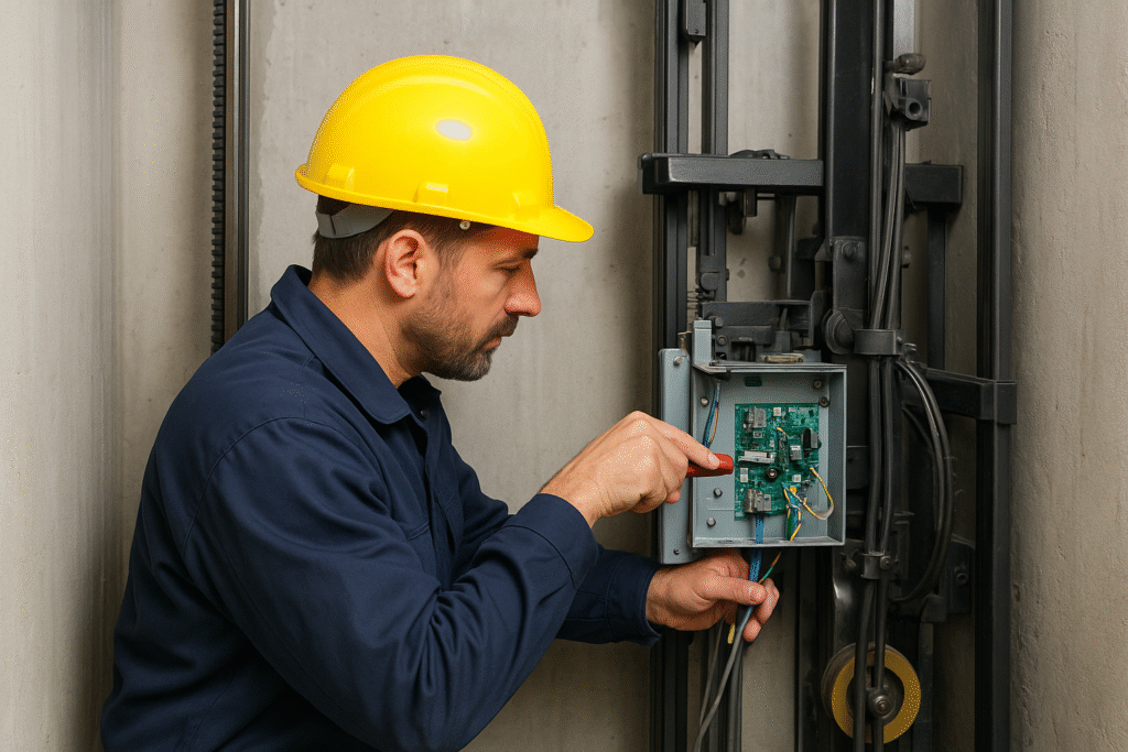 «تعمیرکار حرفهای آسانسور در فردیس در حال انجام سرویس و تعمیر تابلو برق آسانسور»