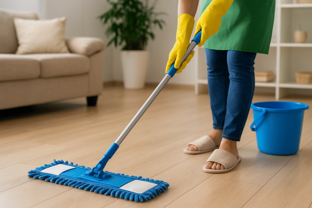 «نظافت منزل با تی و دستکش — مرحله شستشو و پاکسازی کف خانه»