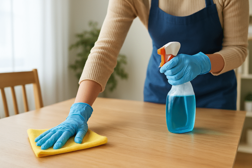 «نیروی نظافتی در حال شستشو و ضدعفونی سطح میز؛ تصویر مرتبط با اهمیت نظافت در زندگی و خدمات پاک گستر آریا»