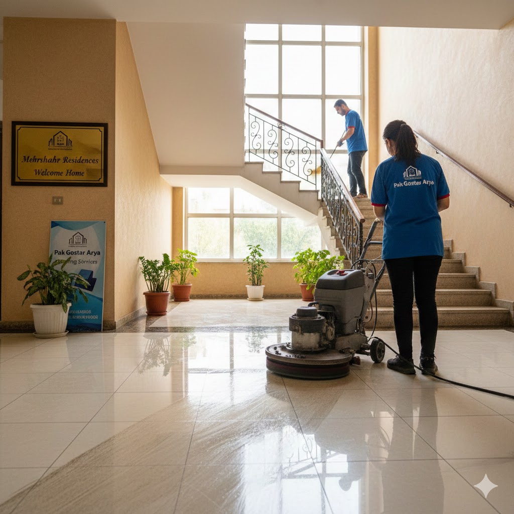 خدمات نظافت حرفهای مشاعات و راه پلهها با دستگاه اسکرابر، توسط دو نیروی پاک گستر آریا در لابی ساختمانی در مهرشهر کرج.