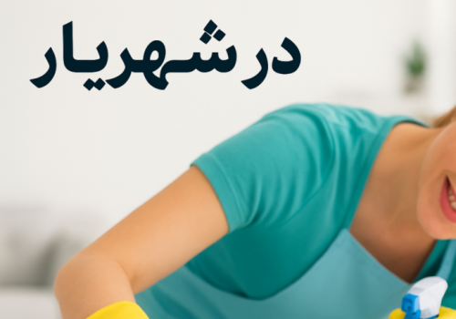 «نظافت منزل در شهریار توسط شرکت خدماتی پاک گستر آریا – نظافتچی حرفه‌ای با دستکش و تجهیزات کامل در حال تمیز کردن سطوح با قیمت مناسب»